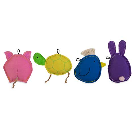 The JW Meet the Famil-ee Catnip Cat Toy Combo by Jw includes four durable, cartoonish toys: a pink pig, green and yellow turtle, blue bird, and purple rabbit. Each colorful flat toy has small loops for easy attachment and is perfect for playtime with organic catnip.