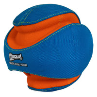 Close-up of a Chuckit! Giggle Kick Fetch dog toy, featuring bright blue and orange colors with visible stitching. Its unique, ergonomic design from Chuckit ensures easy handling and kicking, making it perfect for pet play and endless fun.