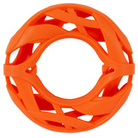 The Chuckit! Air Fetch Wheel Dog Toy by Chuckit is a durable toy for brachycephalic breeds, crafted with resilient rubber and features a hollow center and lattice-like interwoven curved bands in orange.