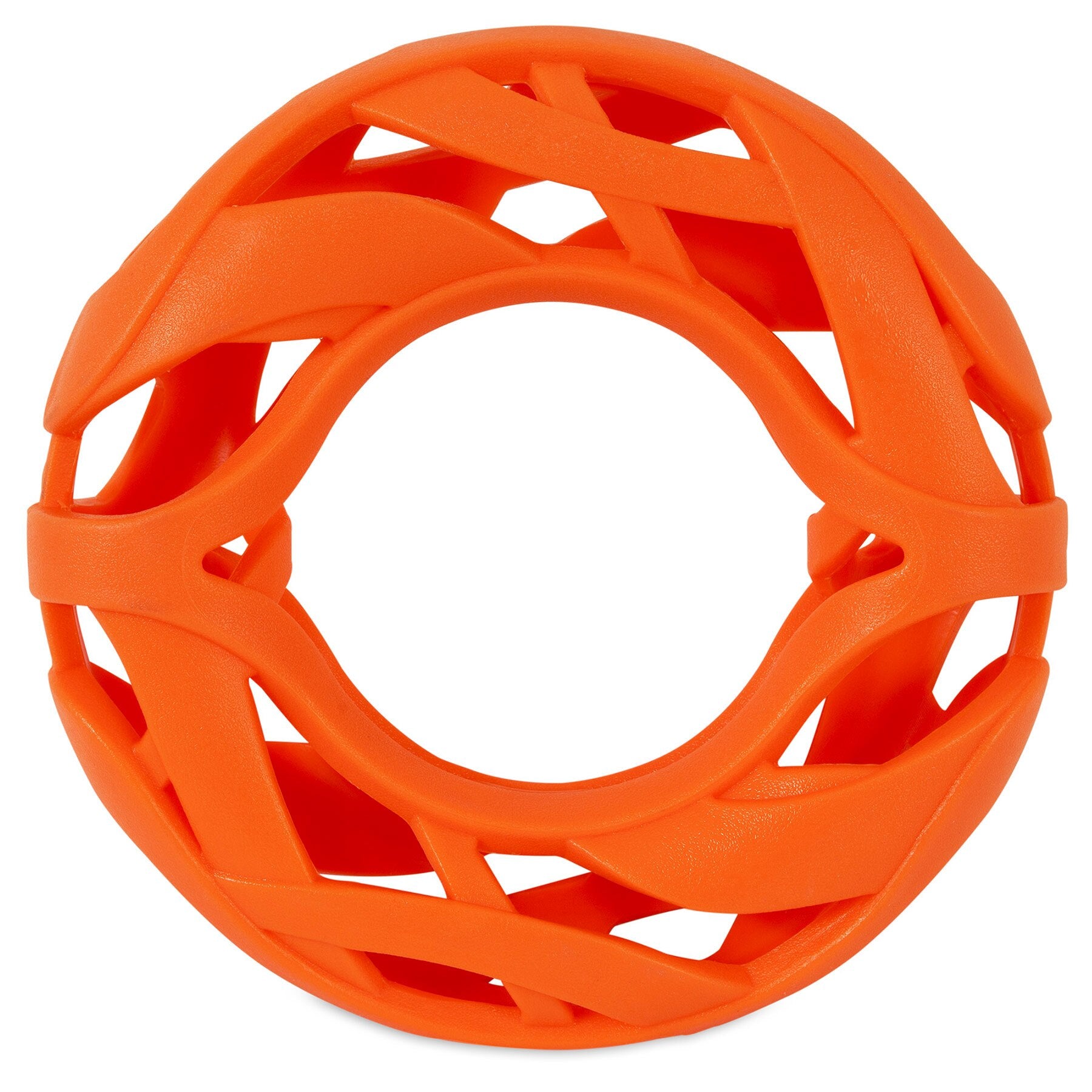 The Chuckit! Air Fetch Wheel Dog Toy by Chuckit is a durable toy for brachycephalic breeds, crafted with resilient rubber and features a hollow center and lattice-like interwoven curved bands in orange.