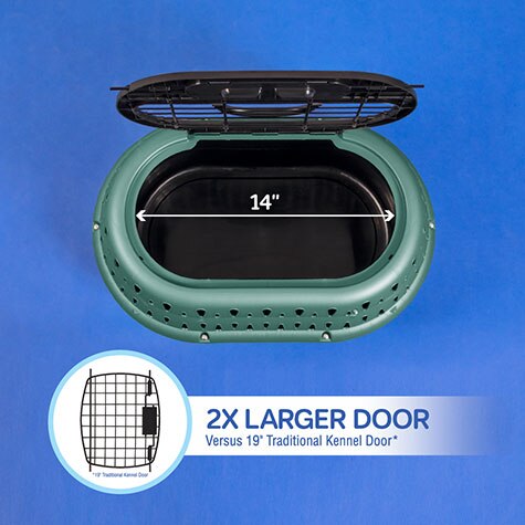 Top view of the Petmate E-Z Load Top Load Cat Kennel by Petmate, with 360-degree ventilation and a 14-inch wide oval black door—twice as large as typical 19-inch kennel doors—for easy access and reduced travel stress.