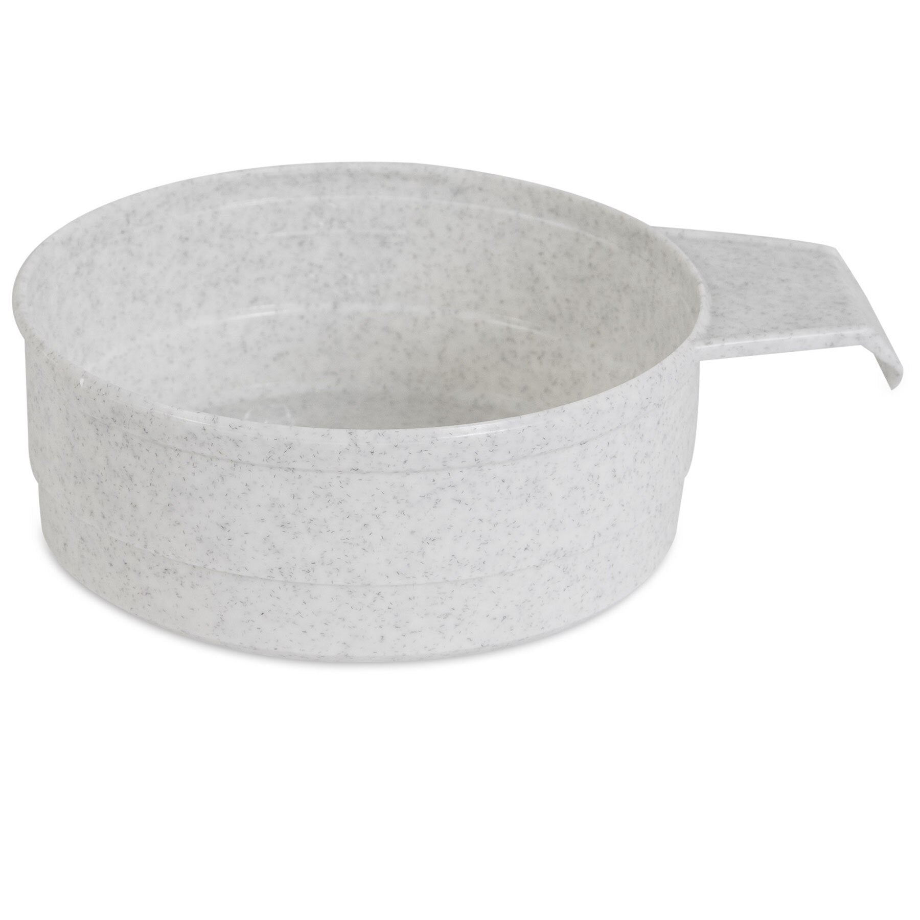 The Vittles Vault Food Scoop by Vittles Vault features a gray, speckled, round plastic design ideal for pet kibble. It includes a wide, flat handle and complements any Vittles Vault or Food Storage Container, with its slightly textured surface against a white background.