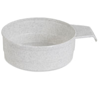 The Vittles Vault Food Scoop by Vittles Vault features a gray, speckled, round plastic design ideal for pet kibble. It includes a wide, flat handle and complements any Vittles Vault or Food Storage Container, with its slightly textured surface against a white background.