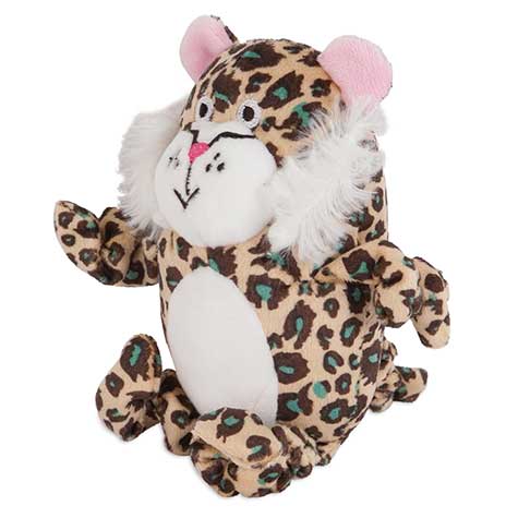 The Zoobilee Stretchies Squeaker Dog Toy features leopard print, pink ears, a white belly and face, fluffy fur around the face, a stitched black nose, and expressive embroidered eyes. Its stretchy limbs let it sit upright, making it perfect for playful moments with pup companions.