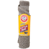 The Arm & Hammer Half Circle Litter Mat, featuring the iconic yellow label, captures litter scatter with its textured surface, ensuring floors stay clean and tidy.