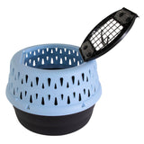 The Petmate Get-A-Round E-Z Load Kennel For Cats is a durable blue and black plastic carrier with ventilation holes and an open, black hinged grid lid, providing a secure and comfortable space for your cat.