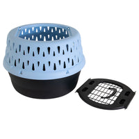 The Petmate Get-A-Round E-Z Load Kennel For Cats features a round plastic design with a black base, light blue ventilated top, and removable black wire door placed alongside for secure, comfortable cat transport.