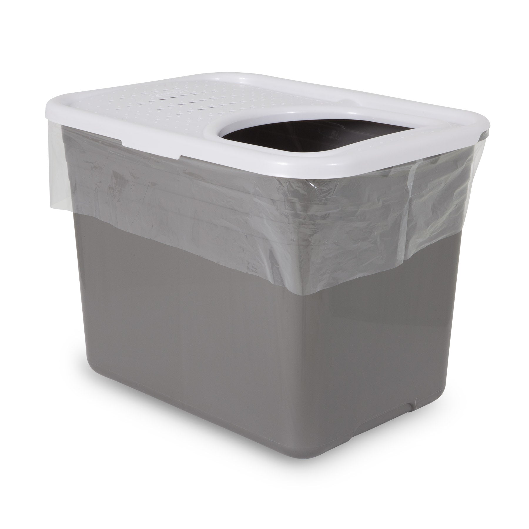 The Petmate Top Entry Litter Box, by Petmate, is a gray rectangular bin with a white lid and top entry. It includes heavy-duty, tear-resistant clear liners that secure around the rim. The lid has raised dots for efficient litter box cleanup.