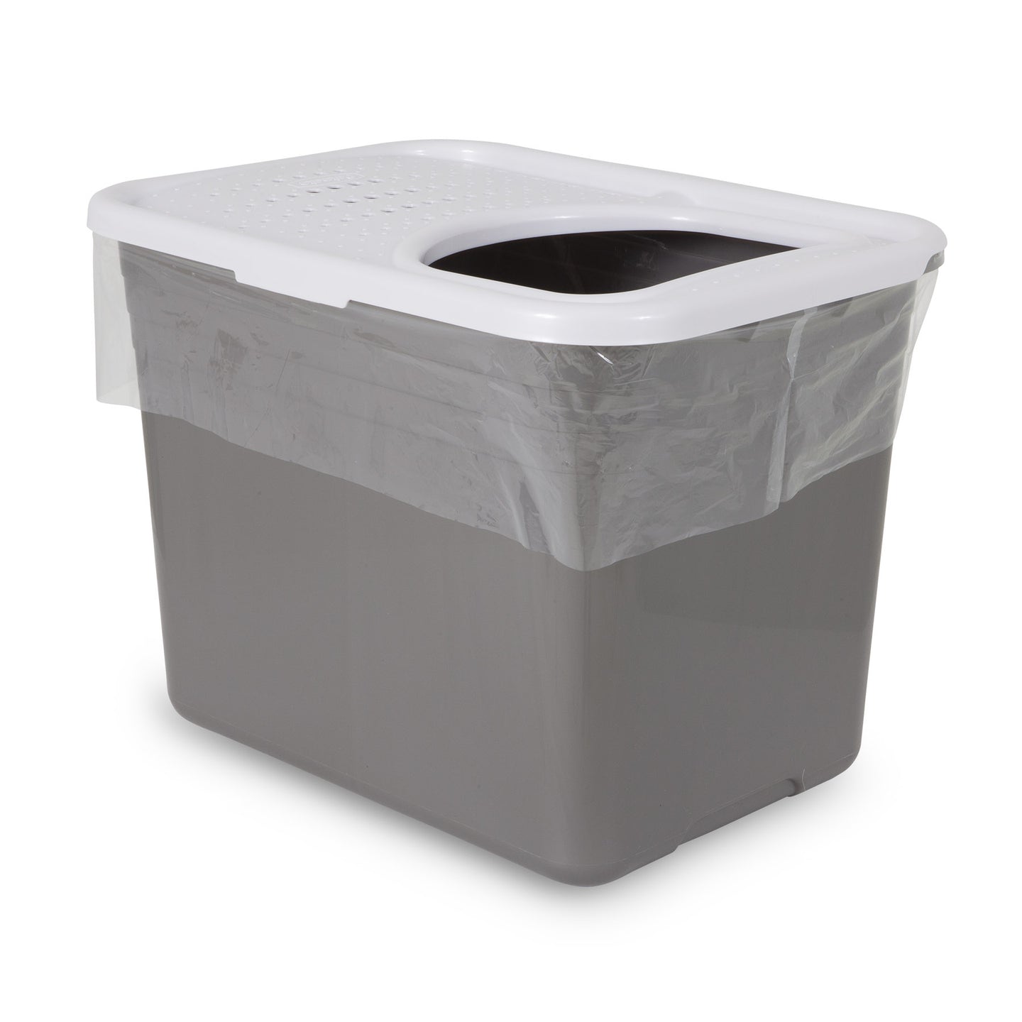 The Petmate Top Entry Litter Box, by Petmate, is a gray rectangular bin with a white lid and top entry. It includes heavy-duty, tear-resistant clear liners that secure around the rim. The lid has raised dots for efficient litter box cleanup.