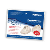 The image shows a Petmate Fresh Flow Replacement Charcoal Filter package, perfect for pet water fountains. It’s a 3 pack value ensuring cleaner water with charcoal technology. The blue and white pack includes filter images and is trilingual in English, French, and Spanish.