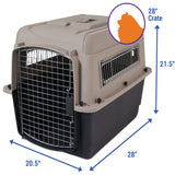 The Petmate Traveler - Ultra Vari Kennel by Petmate is a tan and black durable pet carrier (28 x 20.5 x 21.5) with a metal door, side vents, and airline approval. A purple circle shows a cat’s head silhouette in the corner.