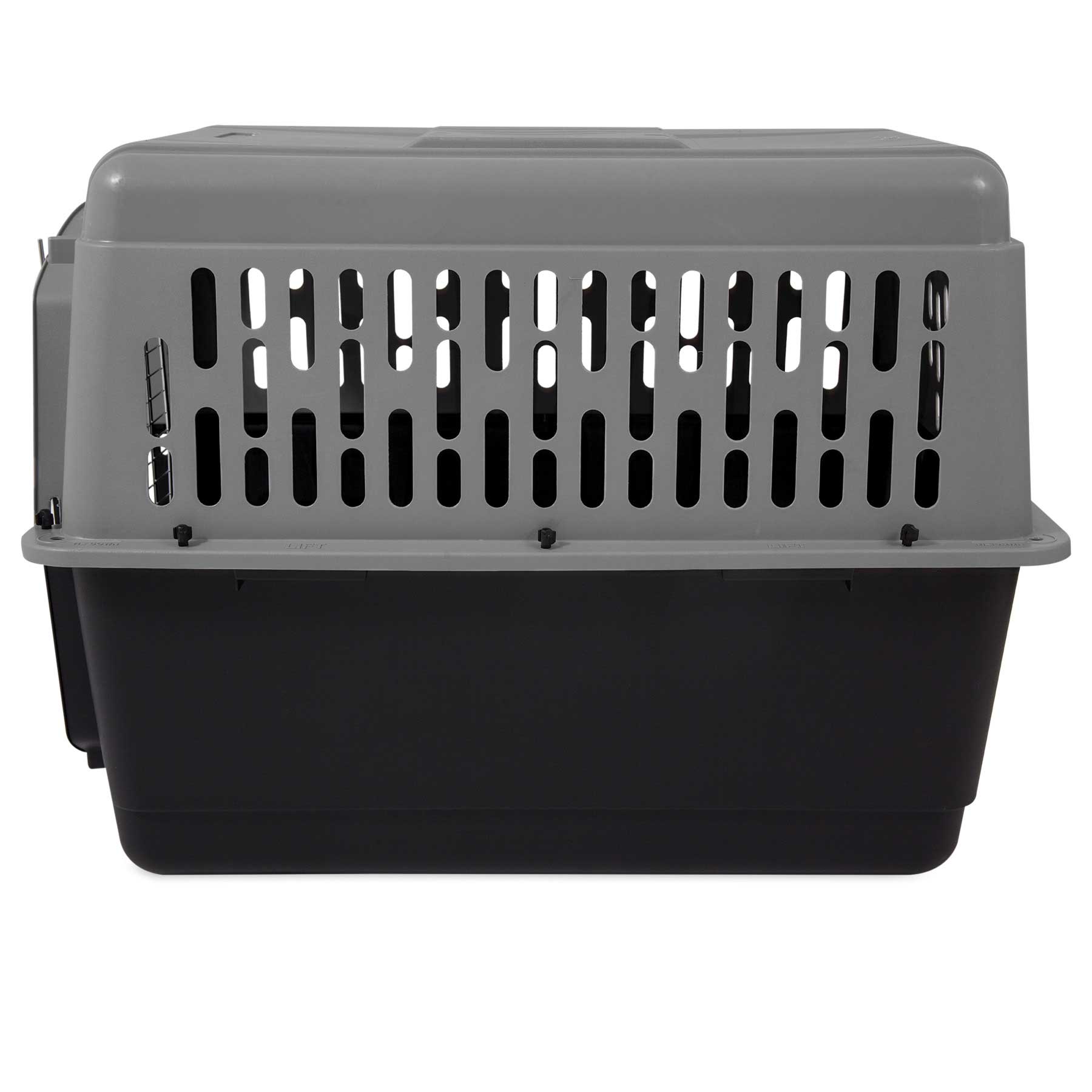 The Aspen Pet Petmate All Purpose Aspen Pet Porter is a gray and black plastic pet carrier with top ventilation slats and a solid bottom, designed for pet comfort and meets most air travel requirements. Shown from the side.