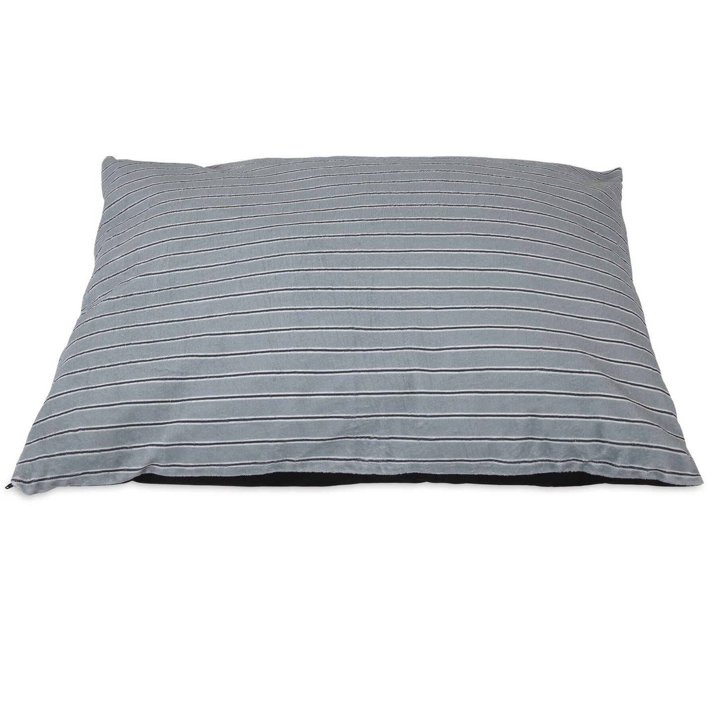 The Aspen Pet Classic Stripe Pillow Dog Bed is a large rectangular bed featuring a grey cover with thin white horizontal stripes, made from soft micro-terry plush fabric. Its machine washable and suitable for medium to large-sized dogs, with a plain white background.