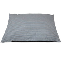 The Aspen Pet Classic Stripe Pillow Dog Bed is a large rectangular bed featuring a grey cover with thin white horizontal stripes, made from soft micro-terry plush fabric. Its machine washable and suitable for medium to large-sized dogs, with a plain white background.