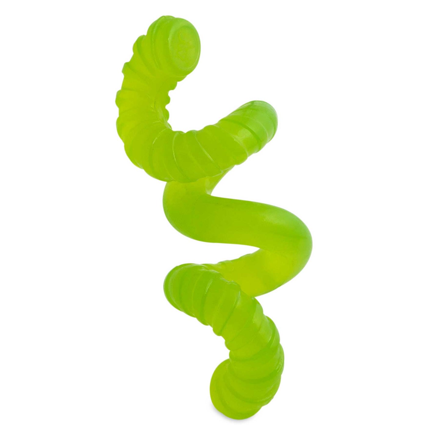 The JW Gumm-EE Worm Dog Toy by Jw is a bright green, spiral chew toy with a ridged, twisting design ideal for engaging pets and soothing puppy gums. Perfect for treat time, it provides endless fun while supporting your furry friends dental health.