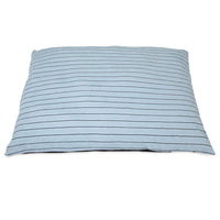 The Aspen Pet Classic Stripe Pillow Dog Bed features a stylish light blue design with thin horizontal black stripes on a white background. Made from micro-terry plush fabric, its machine washable for easy care, combining chic style and practicality for your pet.