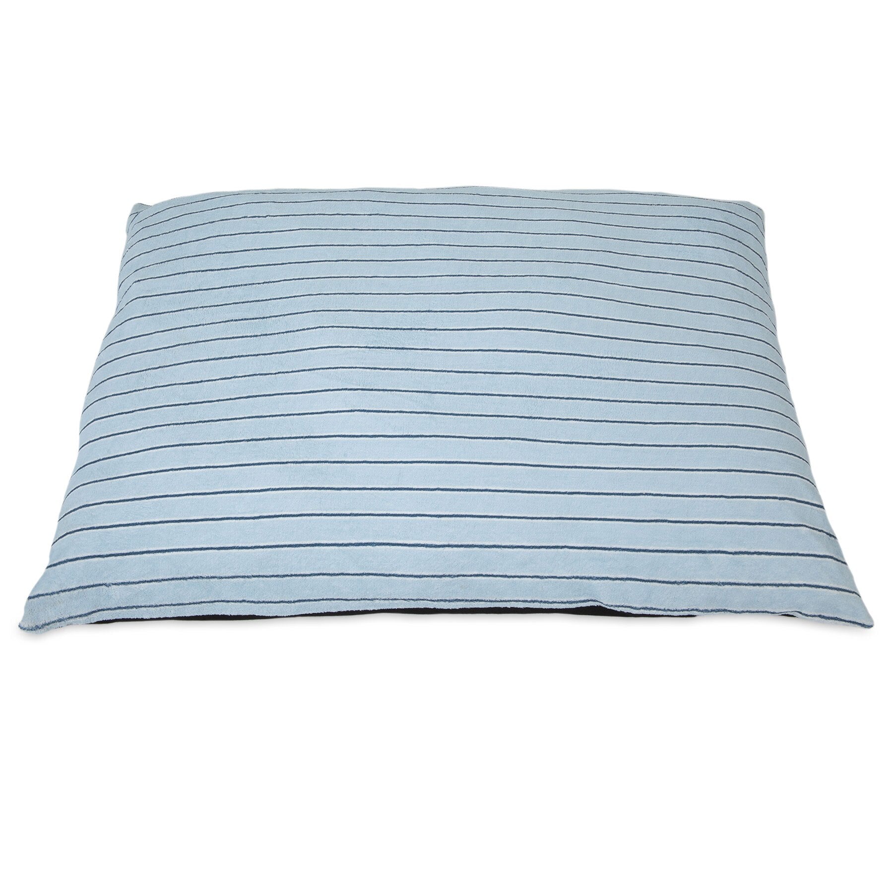 The Aspen Pet Classic Stripe Pillow Dog Bed features a stylish light blue design with thin horizontal black stripes on a white background. Made from micro-terry plush fabric, its machine washable for easy care, combining chic style and practicality for your pet.