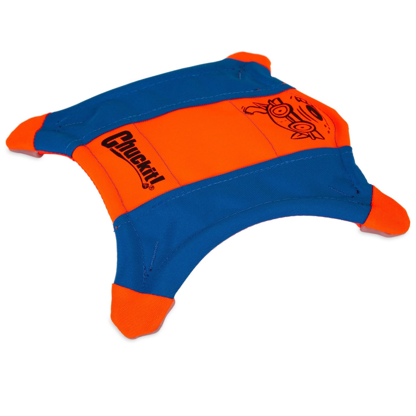 The Chuckit! Flying Squirrel is a square fetch toy made from durable blue and orange canvas, showcasing the Chuckit brand with a cartoon dogs face. Its padded edges allow for a solid grip, making it ideal for games of Flying Squirrel.