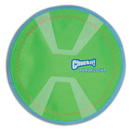 Discover the Chuckit Paraflight Max Glow Flyer Dog Toy—a green and blue, flexible fetch toy for dogs featuring a fabric surface with an X-shaped pattern and Chuckit logo. Now available in a glow-in-the-dark version to enhance nighttime play.