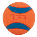 The Chuckit! Ultra Ball Dog Toy from Chuckit features an orange design with blue stripes, Chuckit! embossed on its surface, and is known for high bounce and impressive durability.