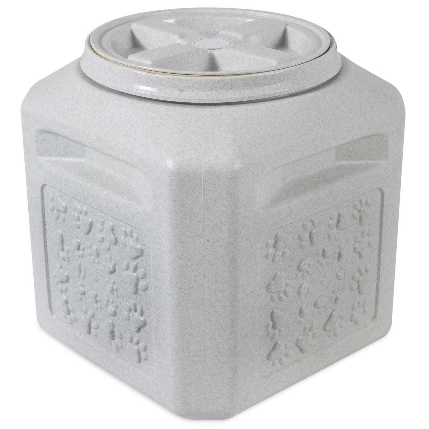 The Vittles Vault Pawprint Outback Food Storage Container by Vittles Vault is a square, light gray plastic container with a twist-off lid and airtight seal. Its crafted from BPA-free plastic and features embossed paw prints, perfect for keeping pet food fresh.