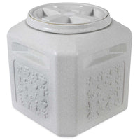 The Vittles Vault Pawprint Outback Food Storage Container by Vittles Vault is a square, light gray plastic container with a twist-off lid and airtight seal. Its crafted from BPA-free plastic and features embossed paw prints, perfect for keeping pet food fresh.