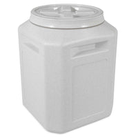 The Vittles Vault Outback Food Storage Container, by Vittles Vault, is a large white plastic square with a round twist-off lid featuring Gamma Seal Technology for an airtight seal. It includes recessed handles for easy carrying and a textured surface for a secure grip.