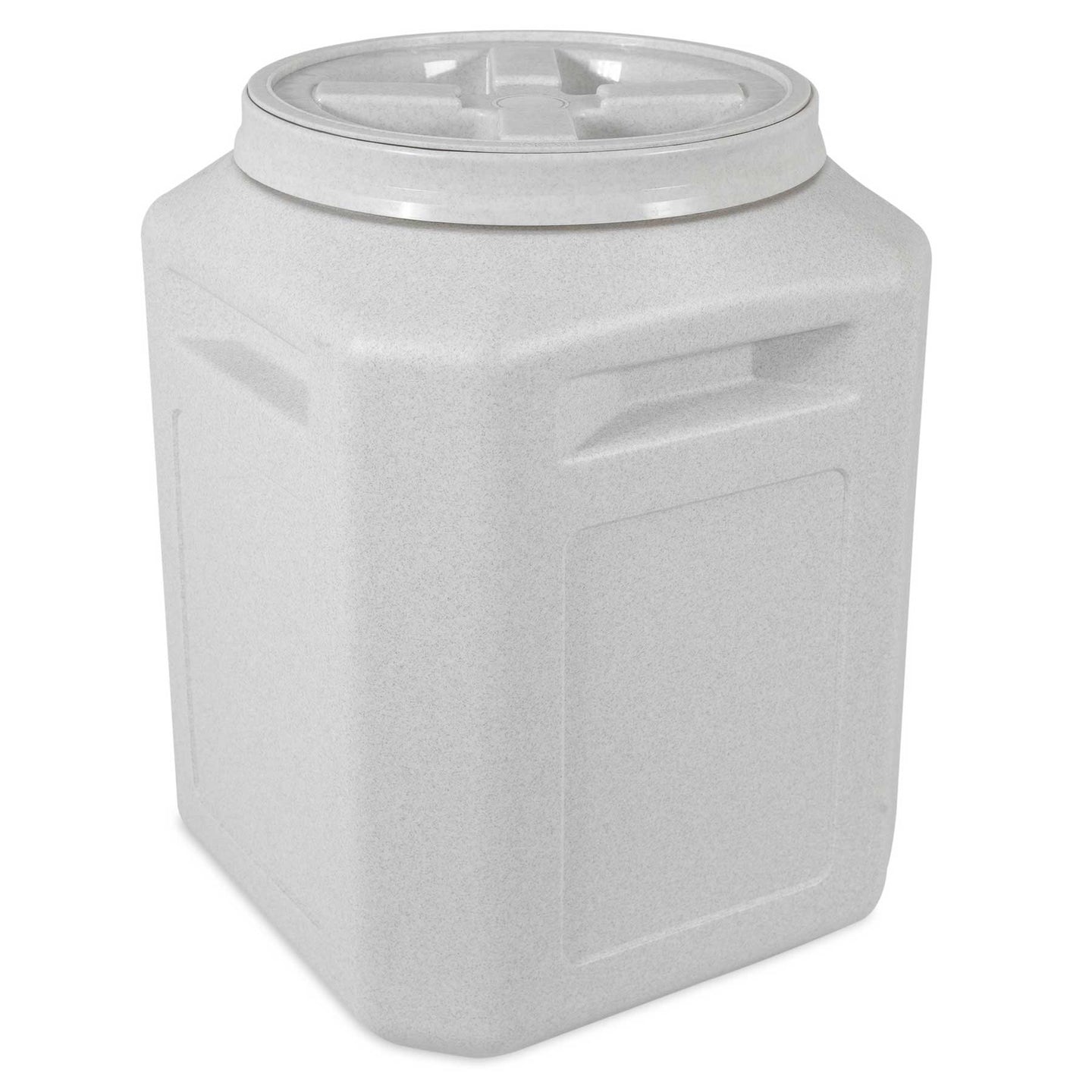 The Vittles Vault Outback Food Storage Container, by Vittles Vault, is a large white plastic square with a round twist-off lid featuring Gamma Seal Technology for an airtight seal. It includes recessed handles for easy carrying and a textured surface for a secure grip.
