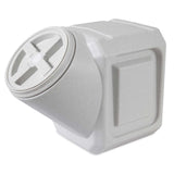 The Vittles Vault Outback Stackable Pet Food Storage Container by Vittles Vault is a large, gray container with an angular design and a round, cross-shaped lid. Its Gamma Seal Technology ensures an airtight seal, and the textured surface makes it perfect for storing bulk pet food.