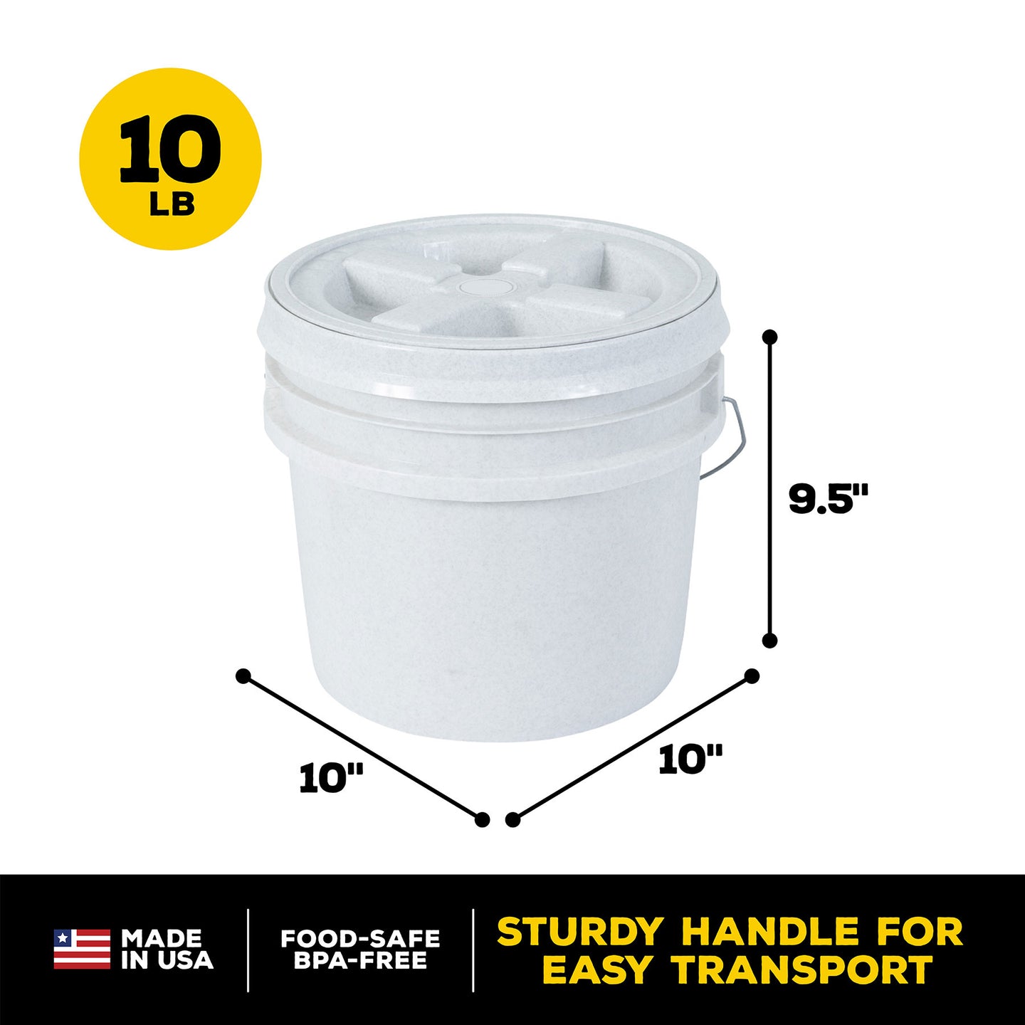 The Vittles Vault Outback Pet Food Storage Bucket by Vittles Vault is a white, round container with an airtight seal, measuring 10 in diameter and 9.5 in height. It holds 10 lbs and has a sturdy handle for transport. Features include Made in USA and Food-Safe BPA-Free.