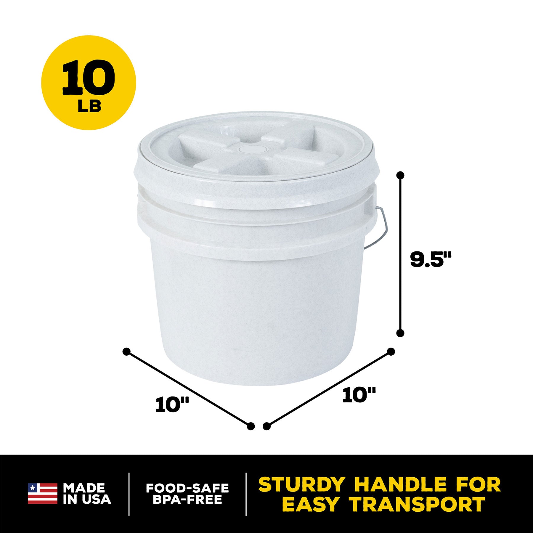 The Vittles Vault Outback Pet Food Storage Bucket by Vittles Vault is a white, round container with an airtight seal, measuring 10 in diameter and 9.5 in height. It holds 10 lbs and has a sturdy handle for transport. Features include Made in USA and Food-Safe BPA-Free.