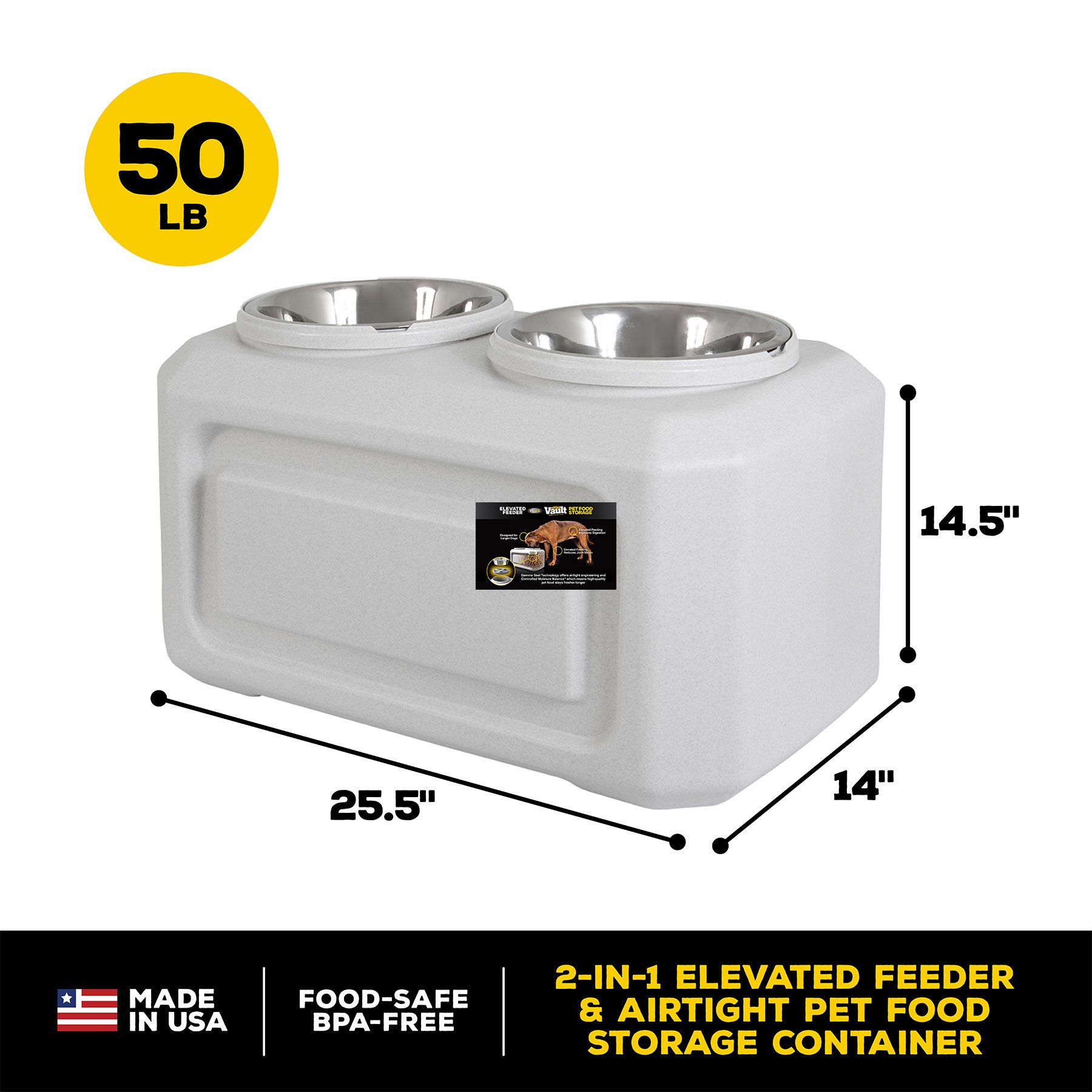 The Vittles Vault Elevated Storage Dog Feeder by Vittles Vault is a white 2-in-1 design with fresh food storage using airtight Gamma Seal Technology. It includes two stainless steel bowls, measures 25.5L x 14.5H x 14W, holds up to 50 lbs, and is food-safe, BPA-free, and made in the USA.