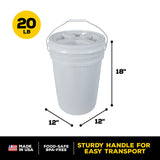 The Vittles Vault Outback Pet Food Storage Bucket, made in the USA, is a gray 5-gallon BPA-free container with an airtight seal. It features an 18 height, 12 diameter, 20 LB label, and a sturdy handle for easy transport, perfect for food storage.