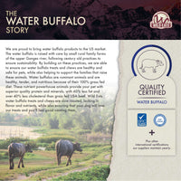 An informational poster about Wild Eats Water Buffalo Tuffie With Pizzle highlights ethical raising, nutritional benefits, and quality certifications. Featuring a silhouette of a water buffalo in a field, it also showcases dog chews for natural teeth cleaning.