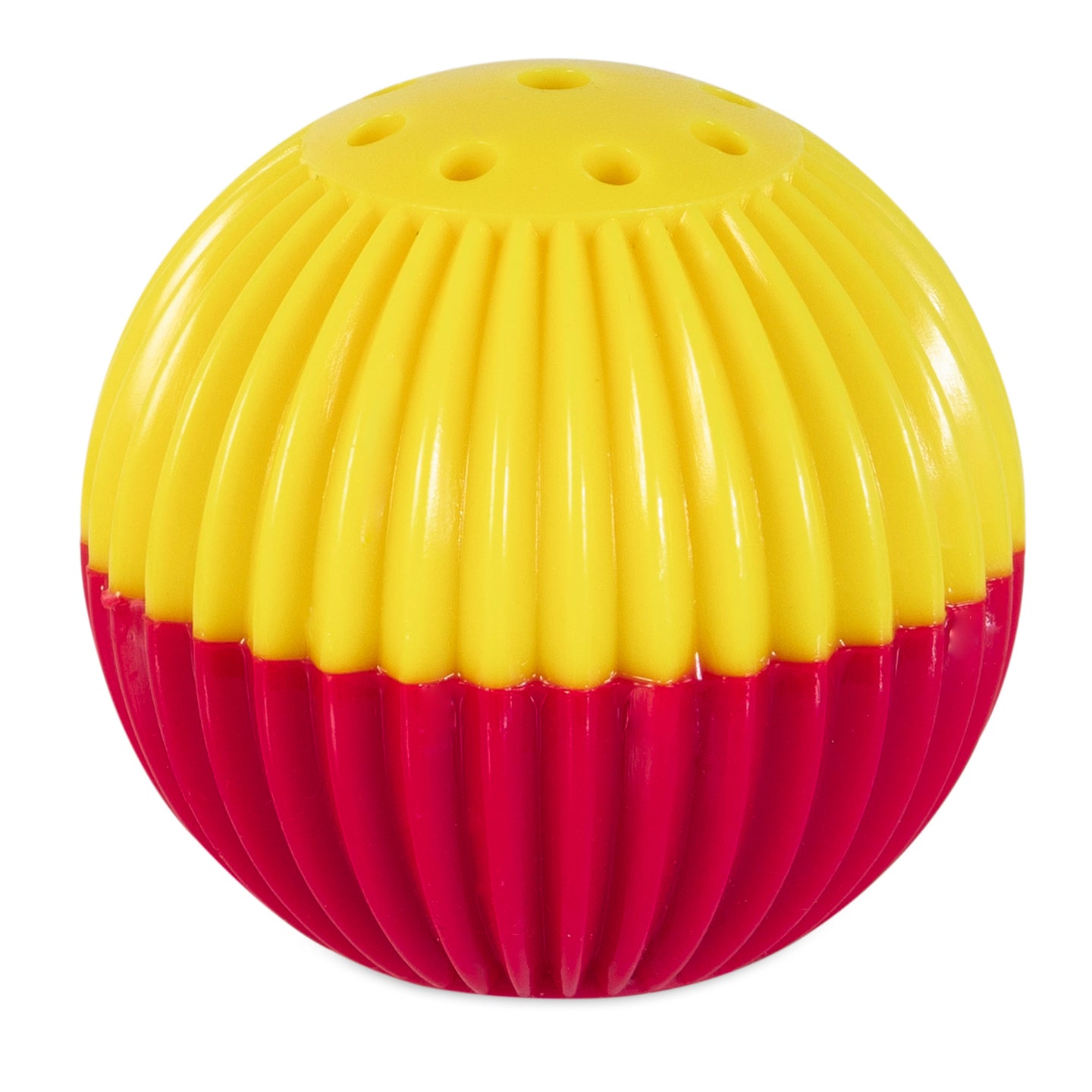 The Petqwerks Pet Qwerks Animal Sounds Babble Ball is a round, grooved dog toy with a yellow top and red bottom. The yellow half has small holes for emitting pet sounds, while the ribbed texture offers tactile stimulation.