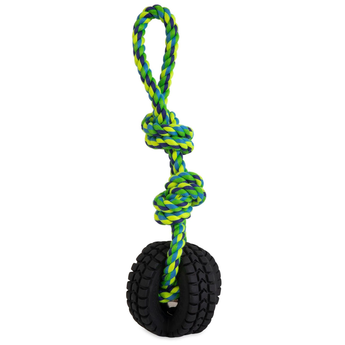 Check out the Petqwerks Jingle Ball X-Tire Tug N Toss Dog Toy: a tough, colorful rope with black rubber tires at the bottom, designed for playful pups who love tugging and tossing all day.