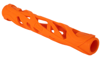 The Chuckit Air Fetch Stick Dog Toy by Chuckit is an orange, tube-shaped toy made of durable rubber, featuring a hollow lattice design with interwoven cutouts and a slight curve for fun interactive play.