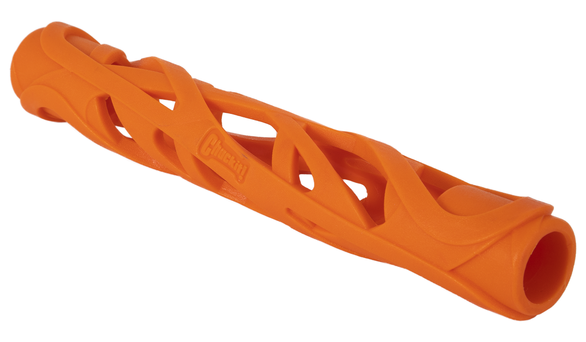 The Chuckit Air Fetch Stick Dog Toy by Chuckit is an orange, tube-shaped toy made of durable rubber, featuring a hollow lattice design with interwoven cutouts and a slight curve for fun interactive play.