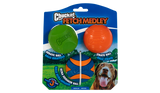The Chuckit! Fetch Medley 2 by Chuckit features vibrant natural rubber dog toys: a green erratic ball, orange strato ball, and blue ultra squeaker ball. The packaging is complemented by an image of a happy dog playing on grass.