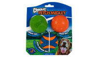 The Chuckit! Fetch Medley 2 by Chuckit features vibrant natural rubber dog toys: a green erratic ball, orange strato ball, and blue ultra squeaker ball. The packaging is complemented by an image of a happy dog playing on grass.