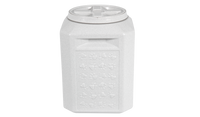 The Vittles Vault Pawprint Outback Food Storage Container features an airtight round lid and a raised panel with a leaf design. Made from BPA-free plastic, its angular shape and smooth surfaces make it ideal for storing pet food. The containers background is white.