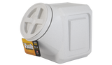 The Vittles Vault Outback Stackable Pet Food Storage Container, by Vittles Vault, is a square white plastic container with rounded edges and a grid lid design featuring Gamma Seal Technology for airtight storage. It holds 60 pounds and is ideal for storing pet food.