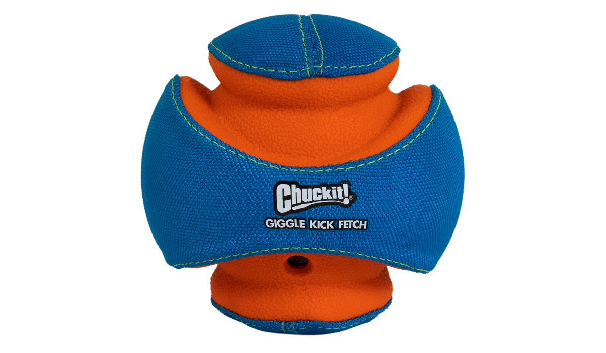 The Chuckit Giggle Kick Fetch dog toy features bright blue and orange colors, curved textured sections, and visible stitching. Perfect for interactive play, it includes hollow areas for easy gripping.