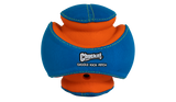 The Chuckit Giggle Kick Fetch dog toy features bright blue and orange colors, curved textured sections, and visible stitching. Perfect for interactive play, it includes hollow areas for easy gripping.