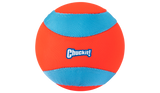 The Chuckit! Amphibious Mega Ball is a vibrant orange with blue textured stripes and a Chuckit! logo, made from durable, lightweight materials. Ideal for water-loving dogs, its designed to float seamlessly for endless aquatic fun.