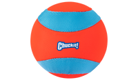 The Chuckit! Amphibious Mega Ball is a vibrant orange with blue textured stripes and a Chuckit! logo, made from durable, lightweight materials. Ideal for water-loving dogs, its designed to float seamlessly for endless aquatic fun.